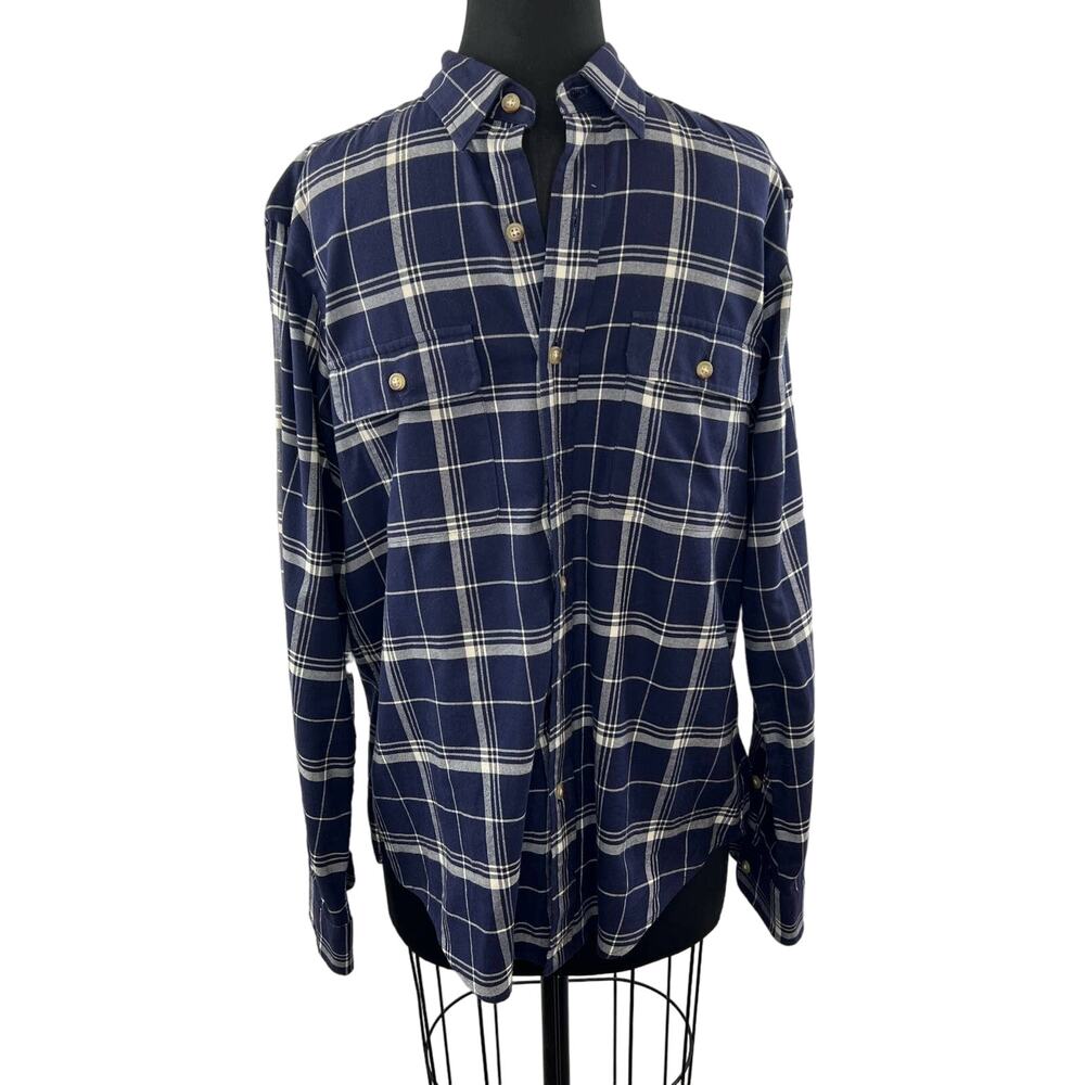 VINTAGE Ralph Lauren Mens Navy Blue White Plaid Button-Down Long Sleeve Shirt M